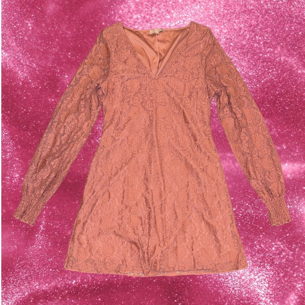Blush Pink Lace Long Sleeve Mini Dress Sheer Ruched Sleeves Romantic A-Line